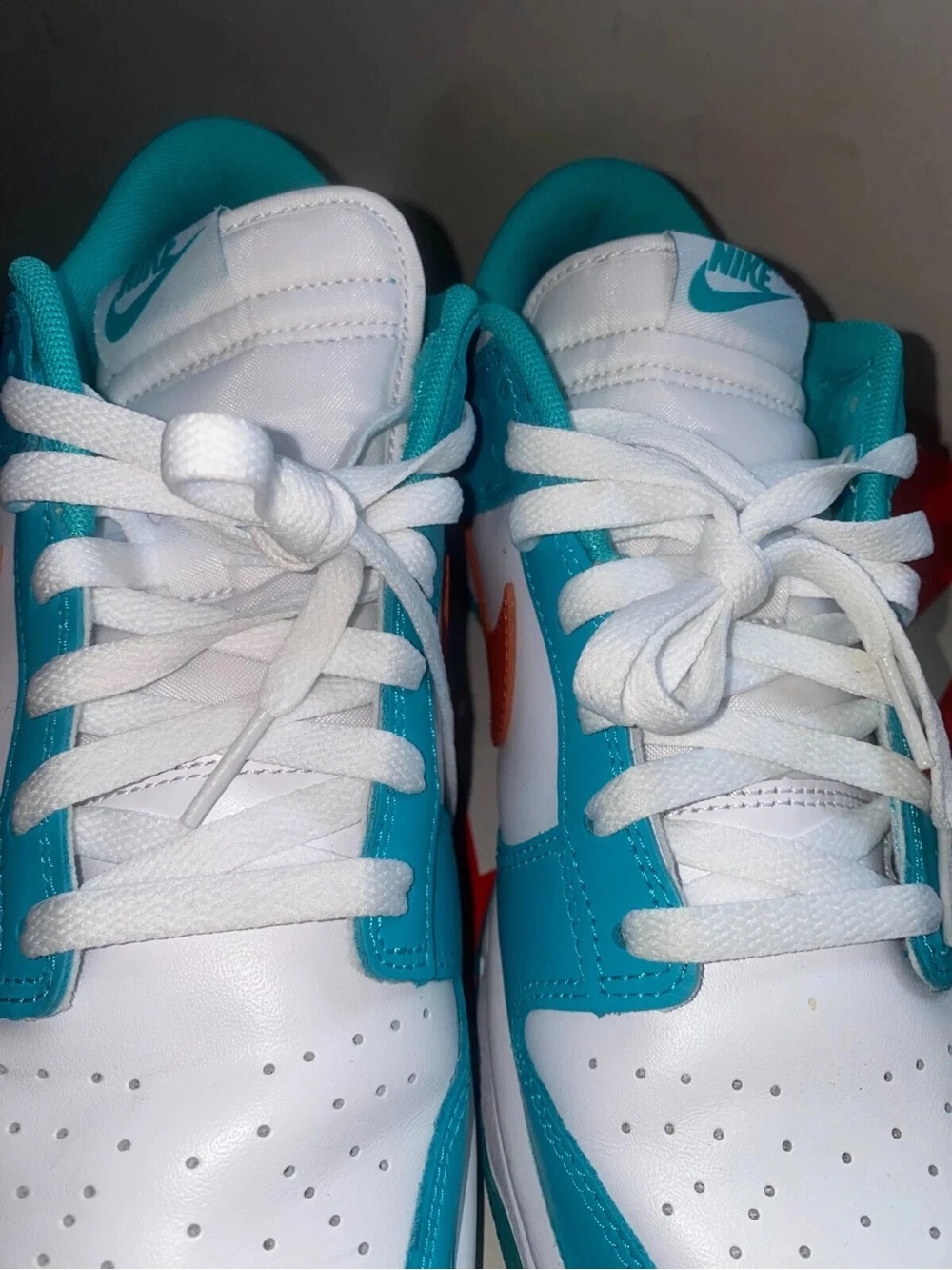 Nike Kids' Dunk Low Retro Sneakers - White/Teal/Orange Miami dolphins Sz 10 - Picture 6 of 7